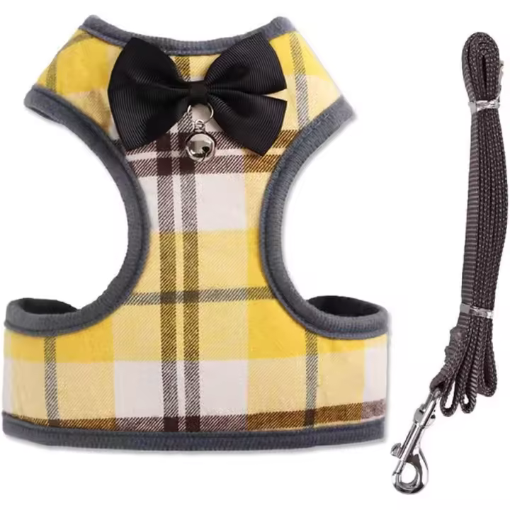 Pet Harness + Pet Leash - Classic Plaid Kitty Lead Rope Puppy Harness Set for Small Dogs Large Cats (S, Yellow Plaid) - 1