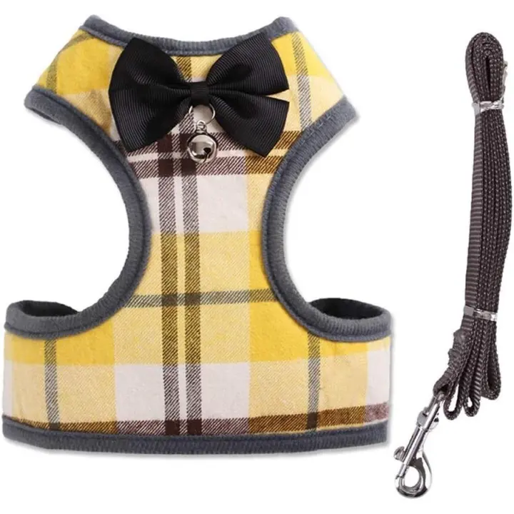 Pet Harness + Pet Leash - Classic Plaid Kitty Lead Rope Puppy Harness Set for Small Dogs Large Cats (S, Yellow Plaid) - 1