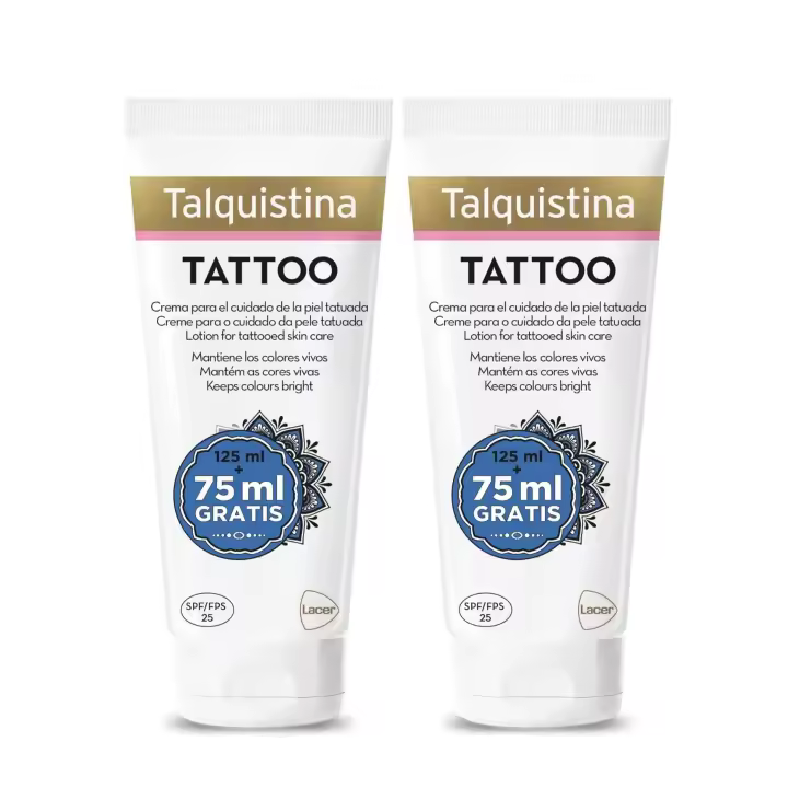 TALQUISTINA - Crema Hidratante para Tatuajes Pack 2 x 200 ml, Uso Diario, Suave y Ligera, Mantiene Brillo, Color y Definición, Aceite de Rosa Mosqueta, con Protección Solar SPF25 - 1