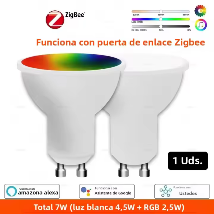 Bombilla LED Zigbee GU10 7W RGB CW Dimmable Spot Luz Inteligente Compatible Con Alexa Google Assistant Smartthings Voltaje 110V-220V Para Dormitorio - 1