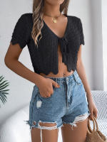 Cardigan De Punto Para Mujer Verano Otoño Ligero De Visón Manga Corta Cuello Redondo Estilo Casual Color Sólido Con Agujeros - details 26