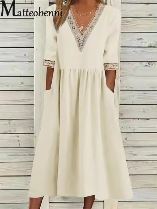 Verano para mujer talla grande cuello en V media manga algodón y lino vestido caftán con bolsillo estilo oficina - 1