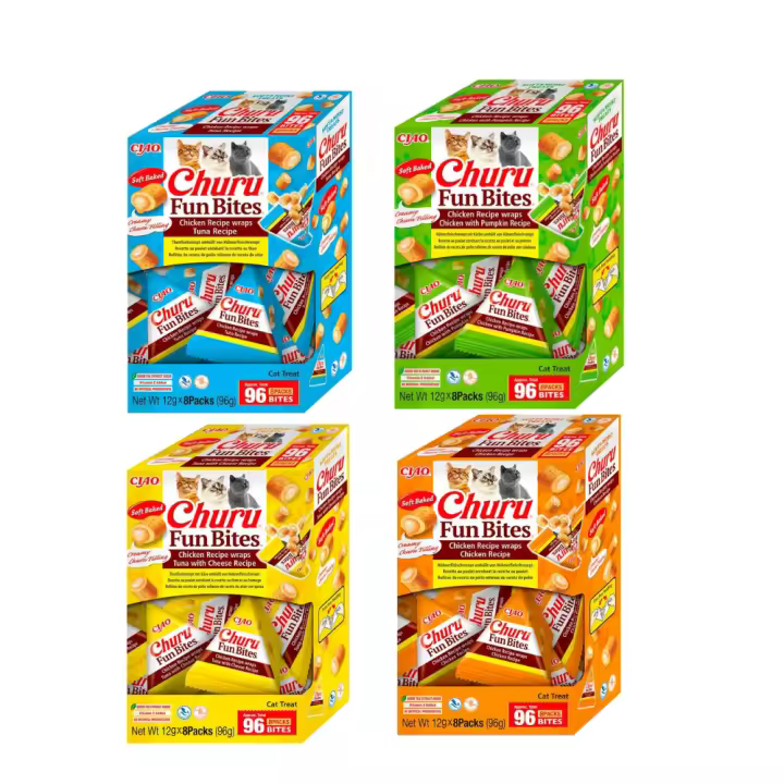 Pack de 4 Churu Fun Bites Variados – (4 Packs de 8x12g: Pollo, Atún y Queso, Atún, Pollo y Calabaza) | Horneados y Cremosos – INABA CIAO - 1