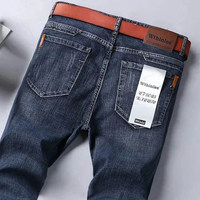 Pantalones De Mezclilla Clásicos Para Hombre Versátiles De Color Sólido Con Stretch Corte Ajustado De Calidad Alta Casual Para Primavera Y Otoño Tallas 28-40 - 1