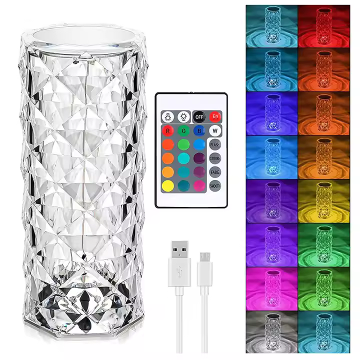 Lámpara De Mesa De Rosas De Cristal LED Con Control Remoto Y USB Luz Nocturna Romántica De Diamantes Decoración En 16 Colores - 1