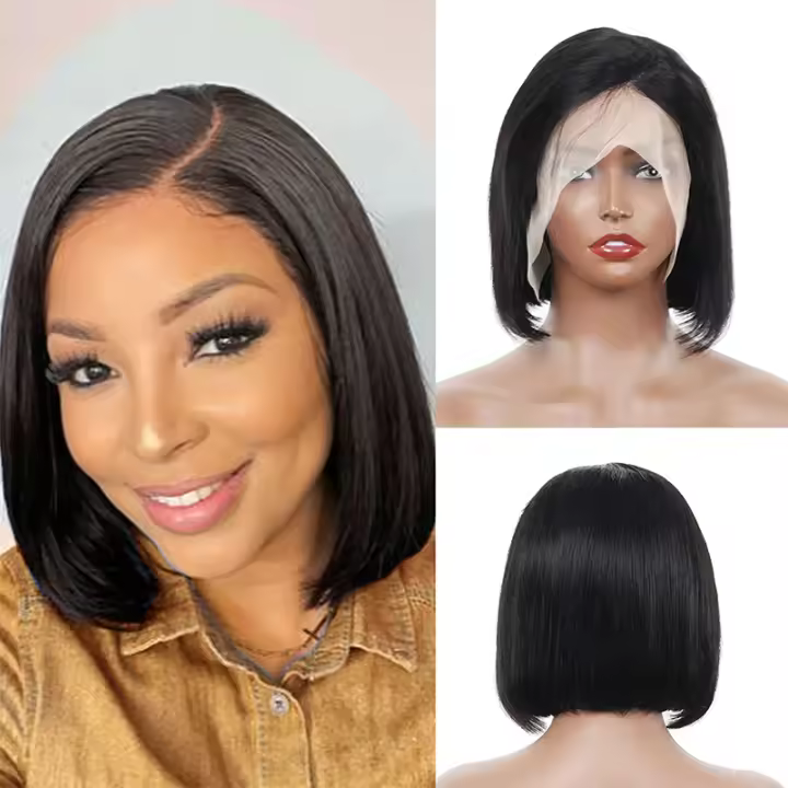 Peluca Bob Corta T Part Frontal De Encaje Brasileña Remy Para Mujeres Negras Pre Escobillada Capa Promedio Textura Larga - 1