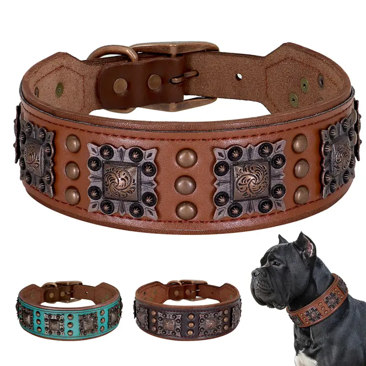 Collar De Cuero Genuino Para Perros Medianos Y Grandes Con Espinas Ajustable Para Pitbull Bulldog Collar De Mascota Accesorios Colgante Negro/Marrón Verde - 1