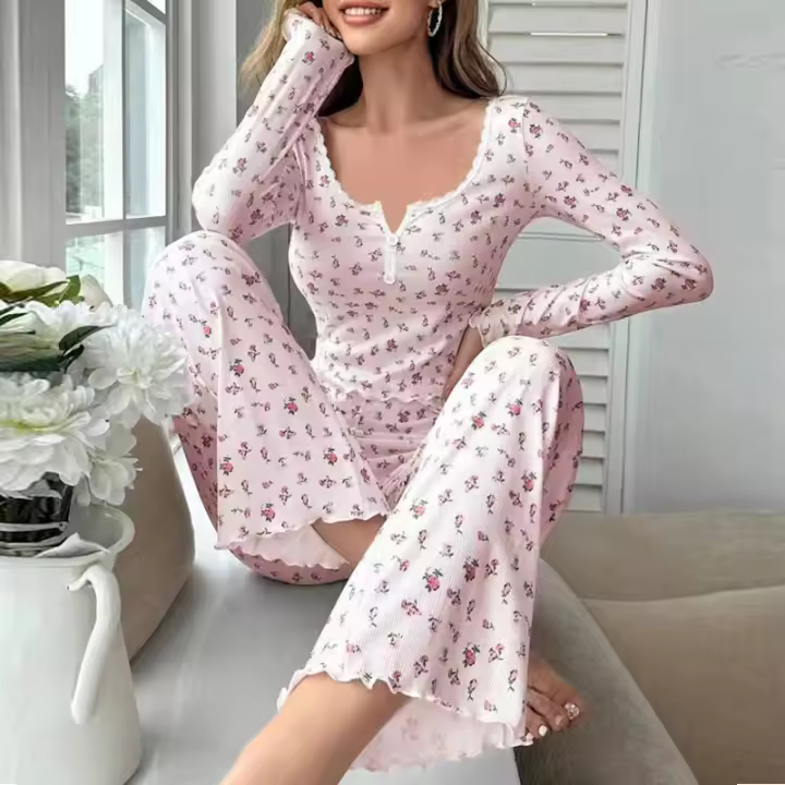  Conjunto De Pijamas Para Mujer Con Cuello Redondo Y Mangas Largas Pantalones Elásticos Ropa Casual De Primavera Dos Piezas - 1