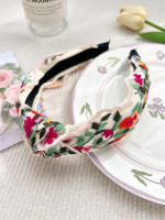 Diadema Bohemia Vintage De Punto Rosa Con Estampado Floral Ancha Para Mujeres Y Niñas Accesorio De Cabello Étnico Estilo Casual - details 12