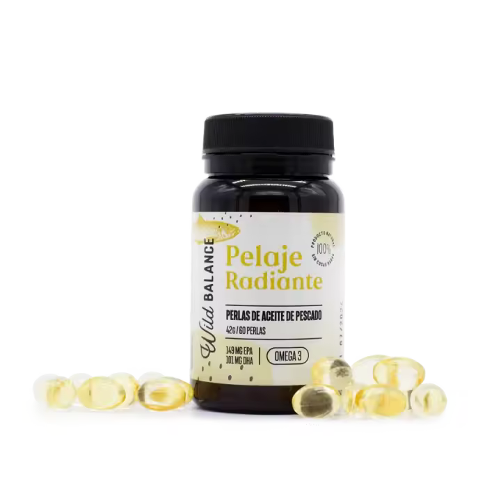 Wild Balance – Pelaje Radiante 60 Cápsulas - Omega 3 Perros - Suplemento Natural para Pelaje Brillante, Piel Sana y Corazón Fuerte - Ácidos Grasos EPA + DHA - Anti Caída de Pelo y Antiinflamatorio - 1
