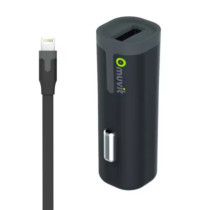 muvit pack cargador coche USB 1A negro + Cable USB-Lightning MFI 1m negro - 1