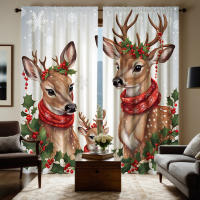 2pcs Cortinas Decorativas De Navidad Con Dibujo De Ciervo Y Fruta Roja Estampadas Digitalmente Cortinas De Casa Estilo Pastoral - details 0