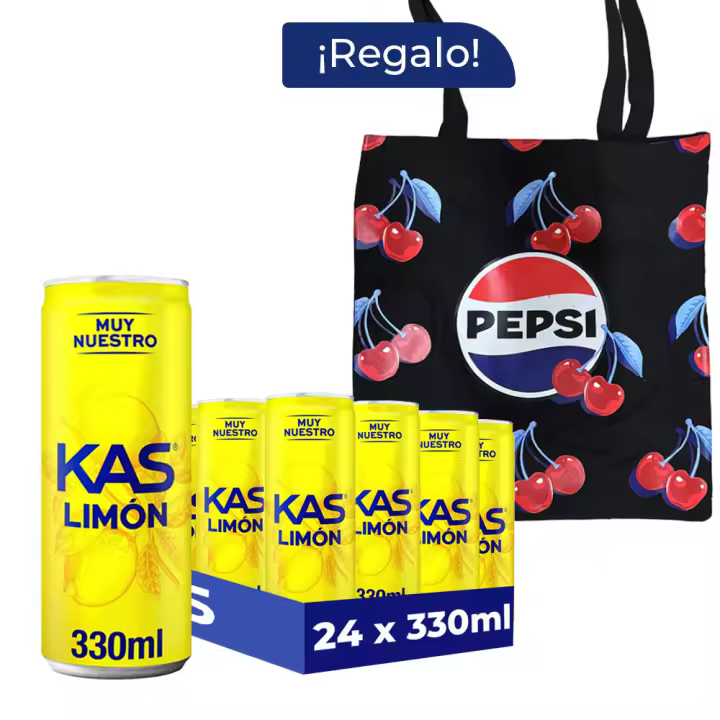 Pack Regalo Kas Limón 24 Latas x 330 ml + Tote Pepsi, Refresco de Zumo de Limón, Intenso Sabor Cítrico, Bebida Refrescante con Gas, Ideal para Compartir y Refrescarte en Cualquier Momento - 1