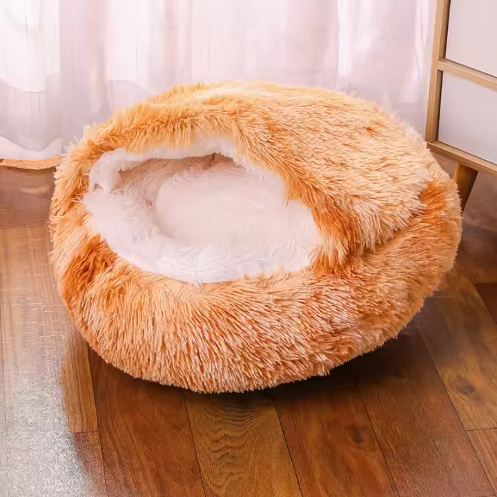Cama De Gato Redonda De Peluche Suave Con Capucha Cueva Cómoda Para Mascotas Pequeñas Y Perros Pequeños Auto Caliente Anti Ansiedad - 1