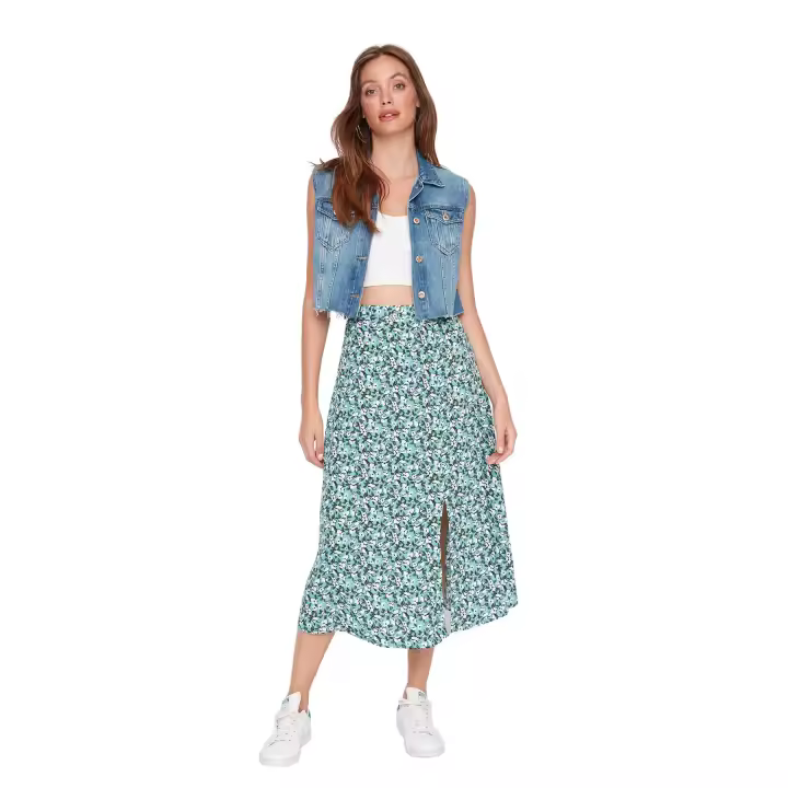 Trendyol Burgundy Slit Detail Floral Patterned Viscose Fabric Midi Woven Skirt Twoss20Et0231 - 1