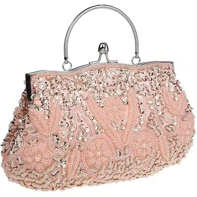 Bolso de mano con cuentas y lentejuelas brillantes y perlas para mujer: bolso de noche vintage con cuentas, color champán - 1