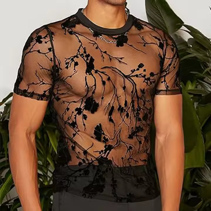Camiseta De Hombre Para Verano Con Diseño De Encaje Y Rosas Suéter De Punto Corto Estilo Callejero O-Neck Suave Y Transpirable - 1
