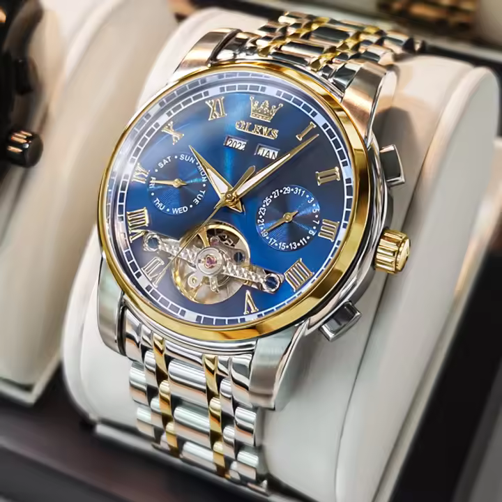Reloj De Pulsera Automático Para Hombre OLEVS Estilo Business Impermeable Con Correa De Acero Inoxidable Calendario Esqueleto Display Numeral Romano - 1