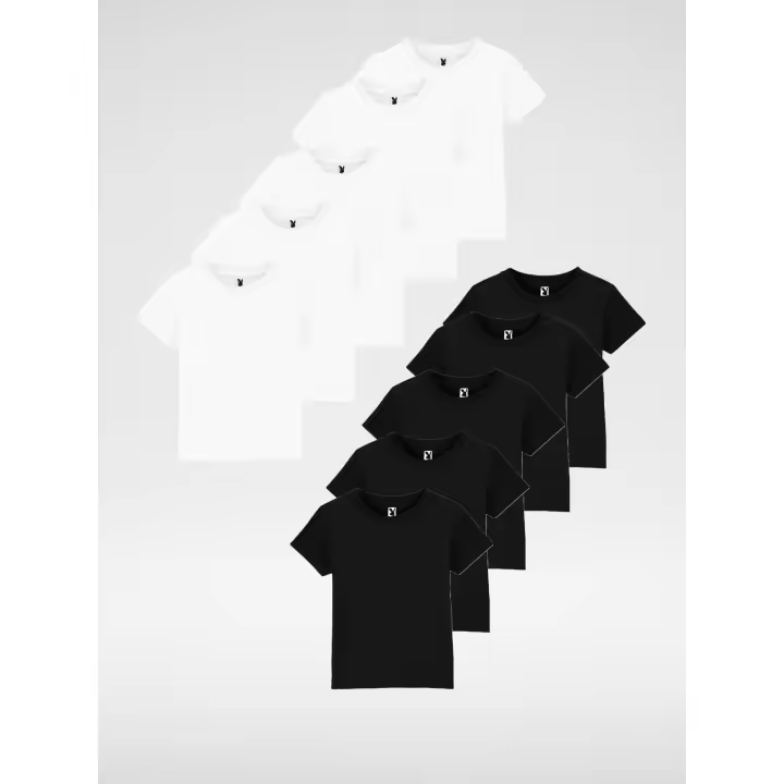 Camiseta Niños Unisex 100% Algodón (Envío en 48 horas) – Variedad de tallas y colores – Pack de 10 unidades – manga corta, cuello redondo doble con elastano, costuras laterales, etiqueta removible, ideal para escuela, uso diario, deportes, uniforme - 1