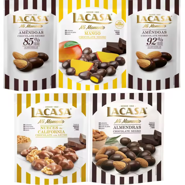 Lacasa Mi Momento pack de 5:Almendra 92% ,Almendra 85% ,Nueces Chocolate Leche,Almendra Chocolate Negro ,Mango Chocolate Negro - 1