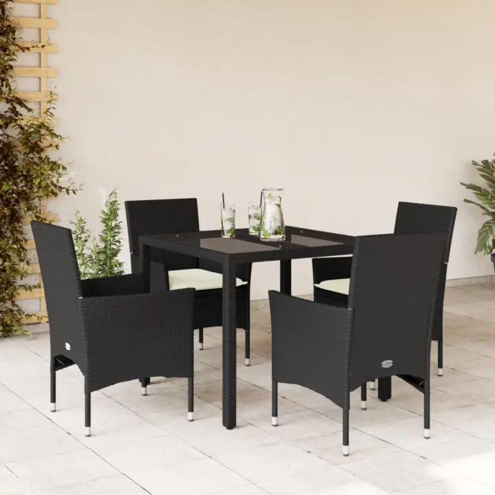 vidaXL Set comedor jardín 5 pzas cojines ratán sintético vidrio negro - 1