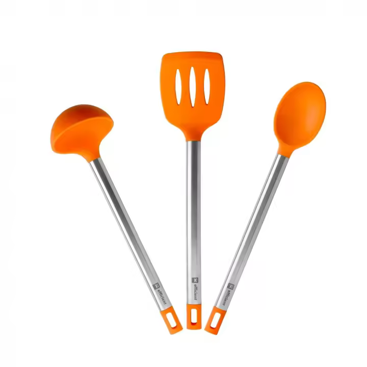 Bra - Set Juego 3 Utensilios Cocina Efficient, 36.5 cm, Espátula, Cuchara, Cazo, Acero Inoxidable, Silicona Naranja - 1