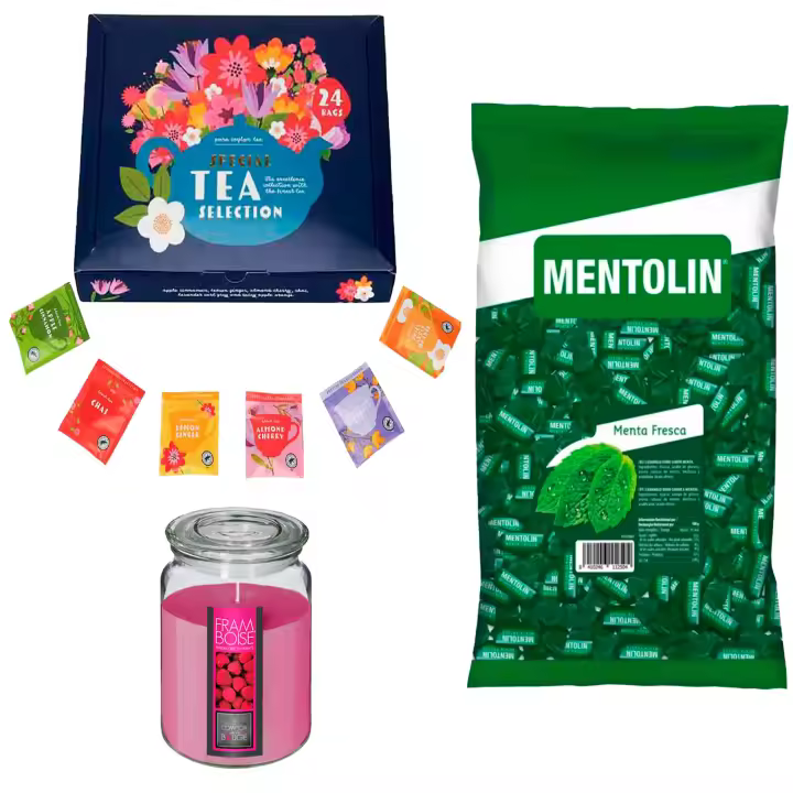 Pack relax: MENTOLIN MENTA FRESCA BOLSA 1KG + Vela perfumada de frambuesa + Set de Te con 24 bolsitas con diferentes sabores y aromas - 1