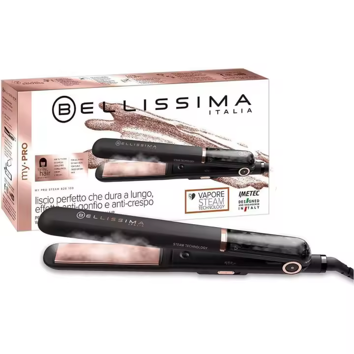 Bellissima My Pro Steam B28 100 - Plancha de Pelo con Vapor Profesional, Alisado Anti-Encrespamiento, Revestimiento Cerámico, Temperatura Regulable y Calentamiento Rápido - 1