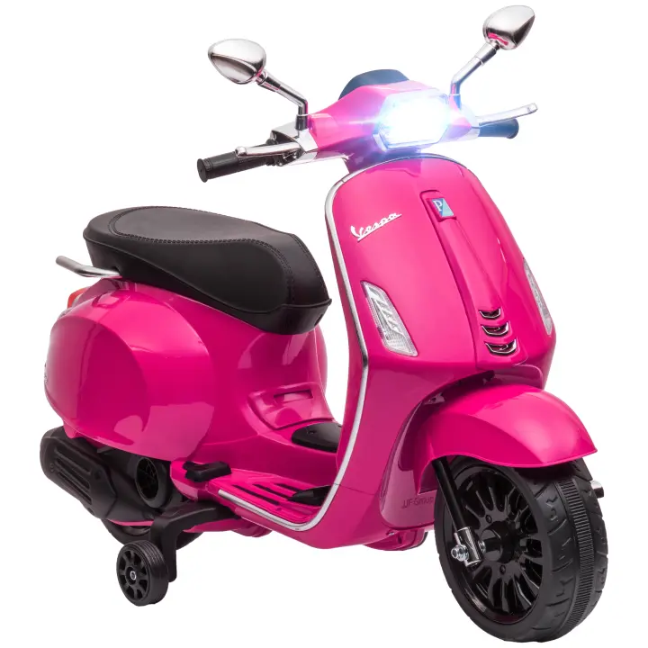 AIYAPLAY Patinete eléctrico Vespa 6V para niños Moto eléctrica para niños de 3 a 6 años Dimensiones: 107 largo x 47 ancho x 73 alto cm Música MP3 Puerto USB Radio FM Faro delantero 2 ruedas de entrenamiento - Rosa - 1