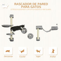 PawHut Estante de Escalada para Gatos de Pared Juego de Estantes para Gatos 4 Piezas con Hamaca Bola Plataformas para Saltar Poste de Sisal y Escalera 84,5x19x54 cm Gris y Beige - details 3