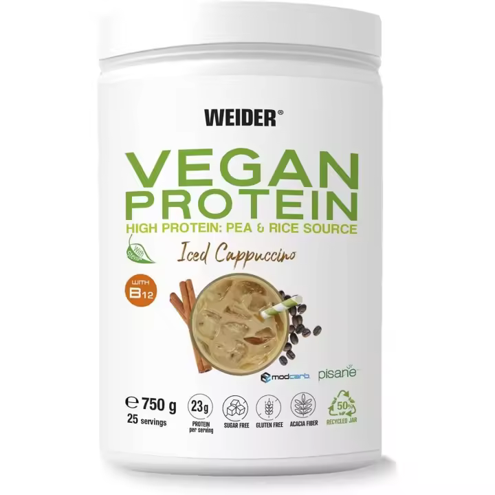 VEGAN PROTEIN (750G) ICED CAPPUCCINO - Weider  Sin azúcares añadidos  Sin gluten  Sin lactosa Proteína vegetal  Alta calidad  Nutritiva - 1