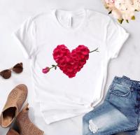 Camiseta Mujer Estampado De Corazón Y Flor Casual Cuello Redondo Manga Corta Blanca Impresión De Amor Talla Regular Algodón Modal Elastano - details 2