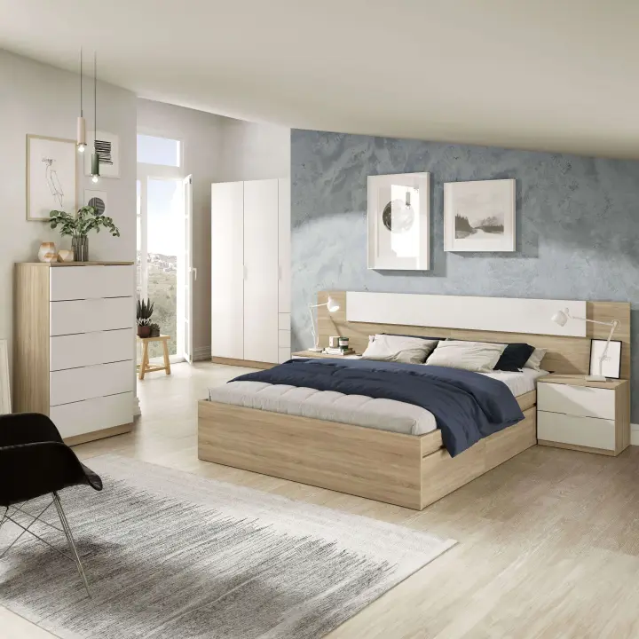 Pack Habitación Matrimonio Alba Ii 150x190 (cama+  cabezal + 2 Mesitas + armario + sinfonier) Incluye Somier - 1