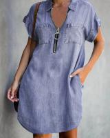 Vestido De Verano Para Mujer Estilo Casual Cuello En V Manga Corta Cierre De Cremallera Digital Imitación Denim Mini Falda Antebrazo - details 5