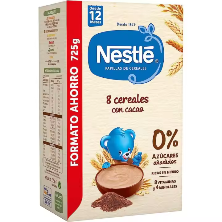 NESTLÉ Papilla 8 Cereales con Cacao 0% Azúcares Añadidos +12 meses 725g ✅ Entrega 24/72h - 1