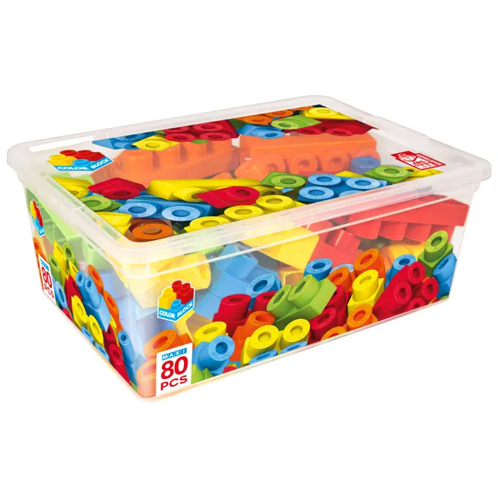 Color Block - Cubo con bloques de construcción para niños, 80 piezas grandes apilables, ladrillos de juguete, compatible con otras marcas, máxima resistencia, juego de construir, juguetes bebé, juega y construye, recomendado a partir de 18 meses - 1