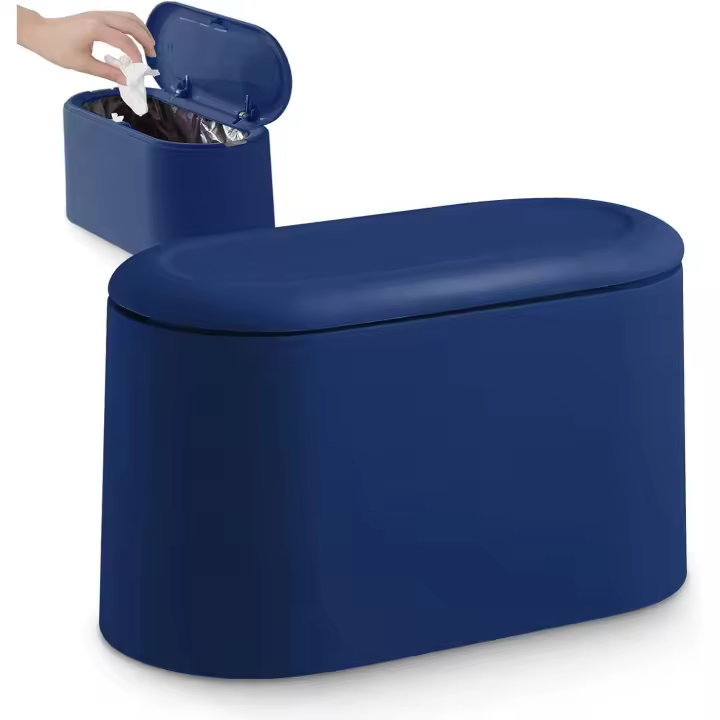 Small Tabletop Trash Can with Push Button Lid for Office, Bathroom, Kitchen and Bedroom, Pet Food Storage (Dark Blue) - 1