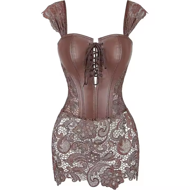 Overbust Sweetheart Lace Up Plastic Bones Corset Bustier Top para mujer - 1