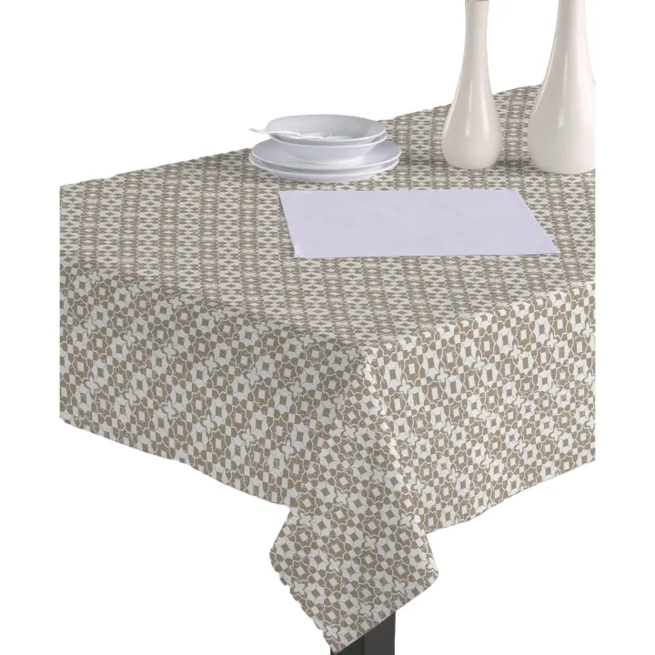 Mantel de Tela Resinada Antimanchas, Impermeable. Hulehule Tex -  Color Beige Sobre Blanco. - BERLIN BEIGE - 1