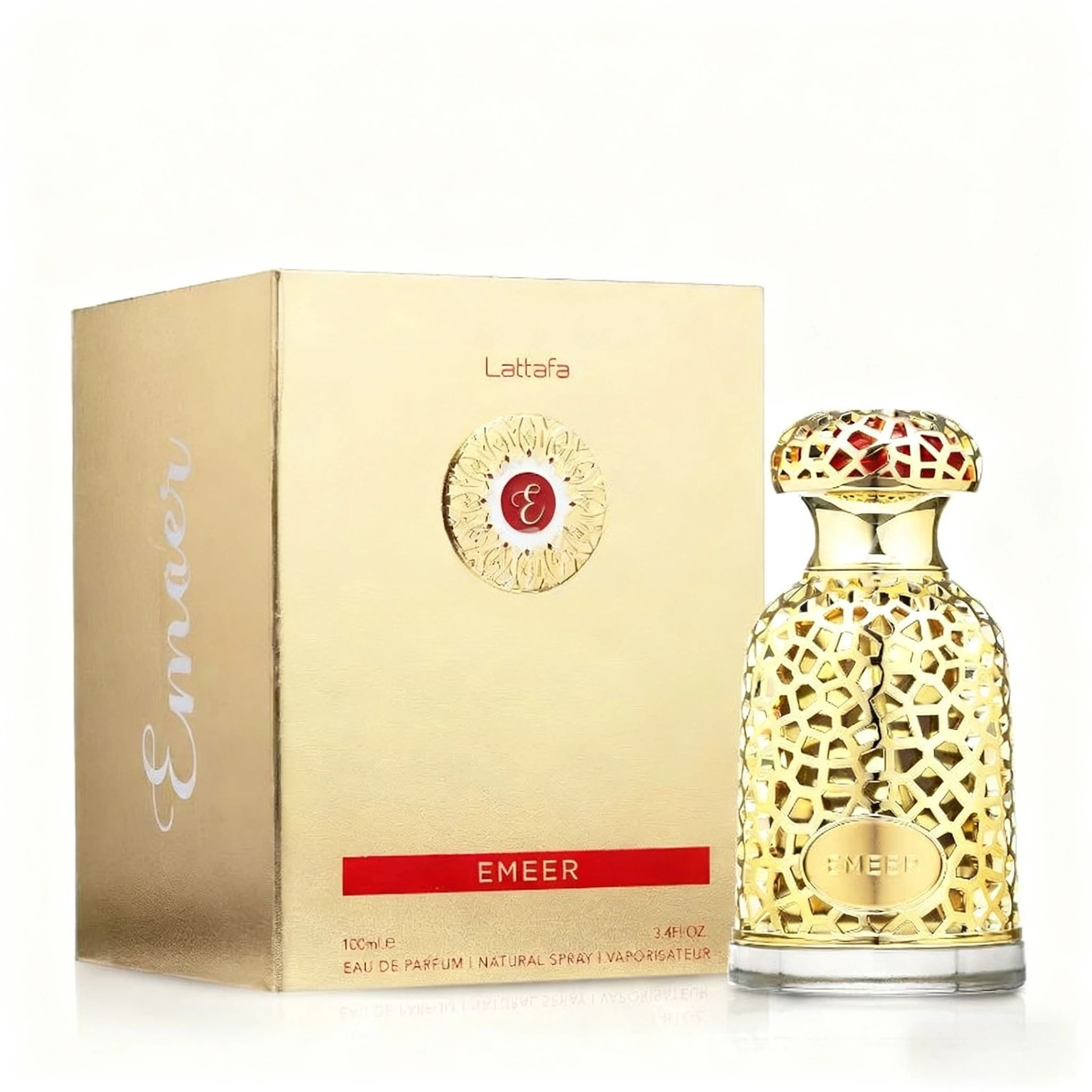 Perfume Lattafa Emeer Original | Botella de Lujo Dorada Ahuecada | Fragancia Árabe Intensa y Sofisticada del Medio Oriente | Aroma Elegante y Duradero para Hombre y Mujer