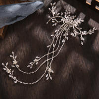 Diadema De Boda Lujo Con Flor Y Cadena Larga De Strass Dorado Y Plata Adorno De Cabello Para Mujer Joyería De Novia Cristal - details 3