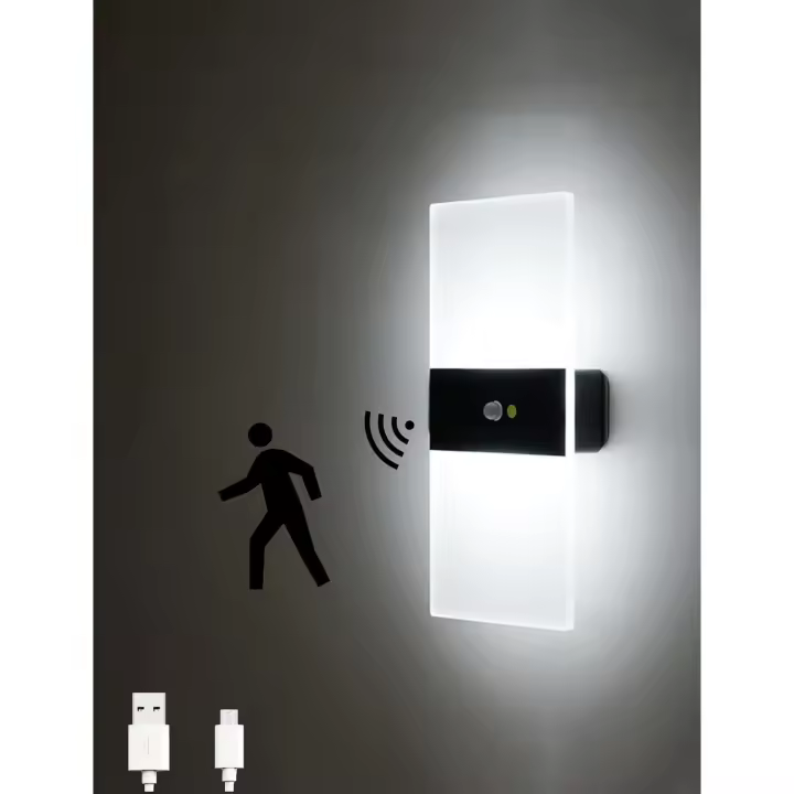 Luz de pared con sensor LED, carga USB, luz nocturna inalámbrica con sensor de movimiento que se enciende/apaga automáticamente, para dormitorio, sala de estar, negro, bomba de acuario de 6000K - 1