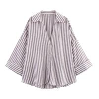 Camisa Asimétrica de Verano para Mujer – Estampado a Rayas, Mezcla de Lino, Mangas Anchas Rizadas, Cuello Versátil, Estilo Informal y Fresco - details 1