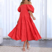 BAMBOOBOY Vestido Largo De Verano Para Mujer Hombros Descubiertos Color Sólido Manga Corta Puff Cuello Abierto A-Line Cintura Alta Midi Sundress - details 2
