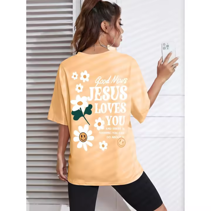 Camiseta de mujer con estampado “Jesus Loves You” – Básica de algodón, transpirable y cómoda, manga corta con cuello redondo, estilo casual - 1
