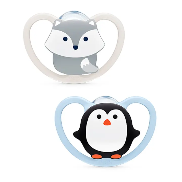 Nuk Silicone Pacifier Space Animals 0-6M 2 Pack, BPA free, soft anatomical design for infants, perfect for soothing babies with its unique space theme. - 1