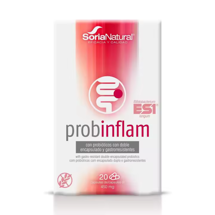 Soria Natural Probinflam - Con Probióticos, Vitaminas C, E, B3, B6, B2, B1 y Ácido Fólico – Ayuda a Proteger la Mucosa Intestinal - Apoya la Salud del Intestino - Caja con 20 Cápsulas de 450mg - 1