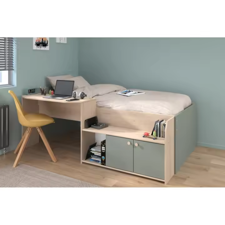 Vente-unique - Cama con escritorio y armario 90 x 190/200 cm - Color: Natural y verde + Somier - MIVONA - 1