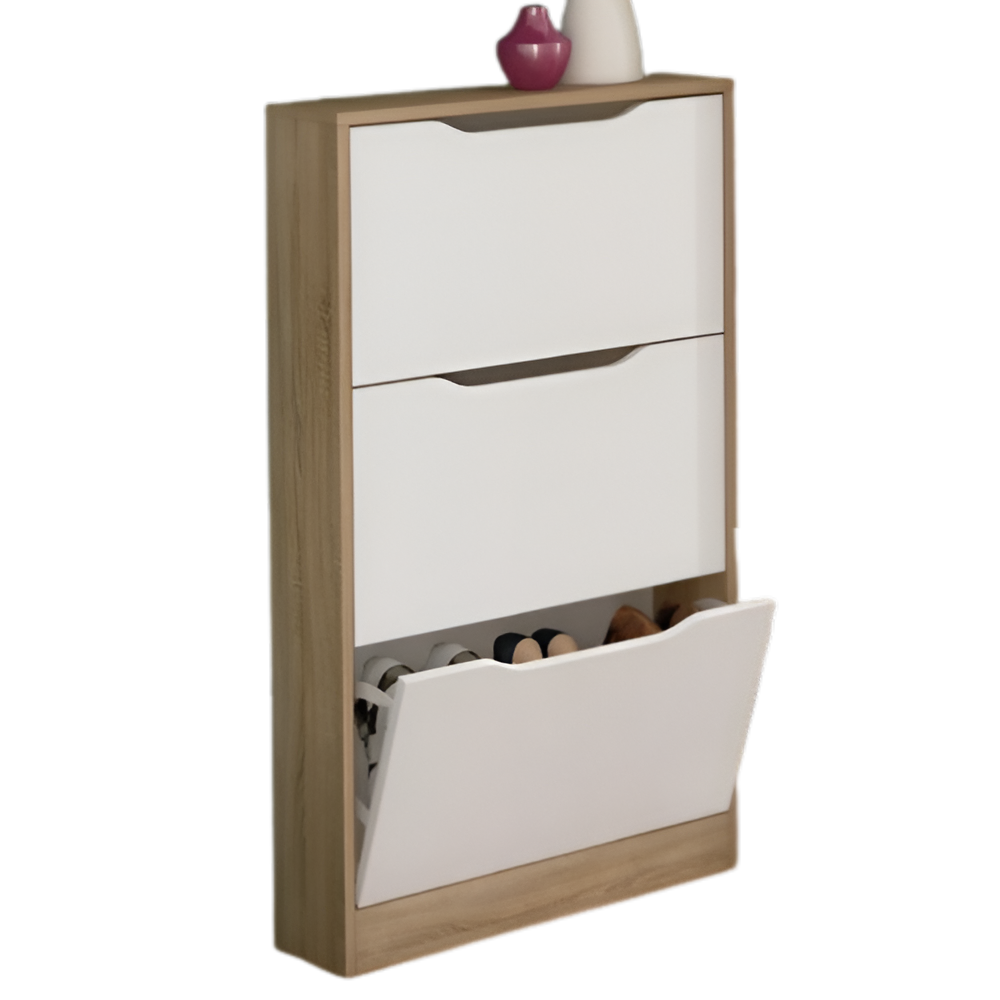 Zapatero modelo Champion de tres puertas abatibles. Color estructura cambria con puertas en blanco