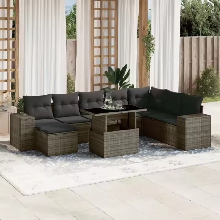 vidaXL Set de muebles de jardín 9 pzas y cojines ratán sintético gris - 1